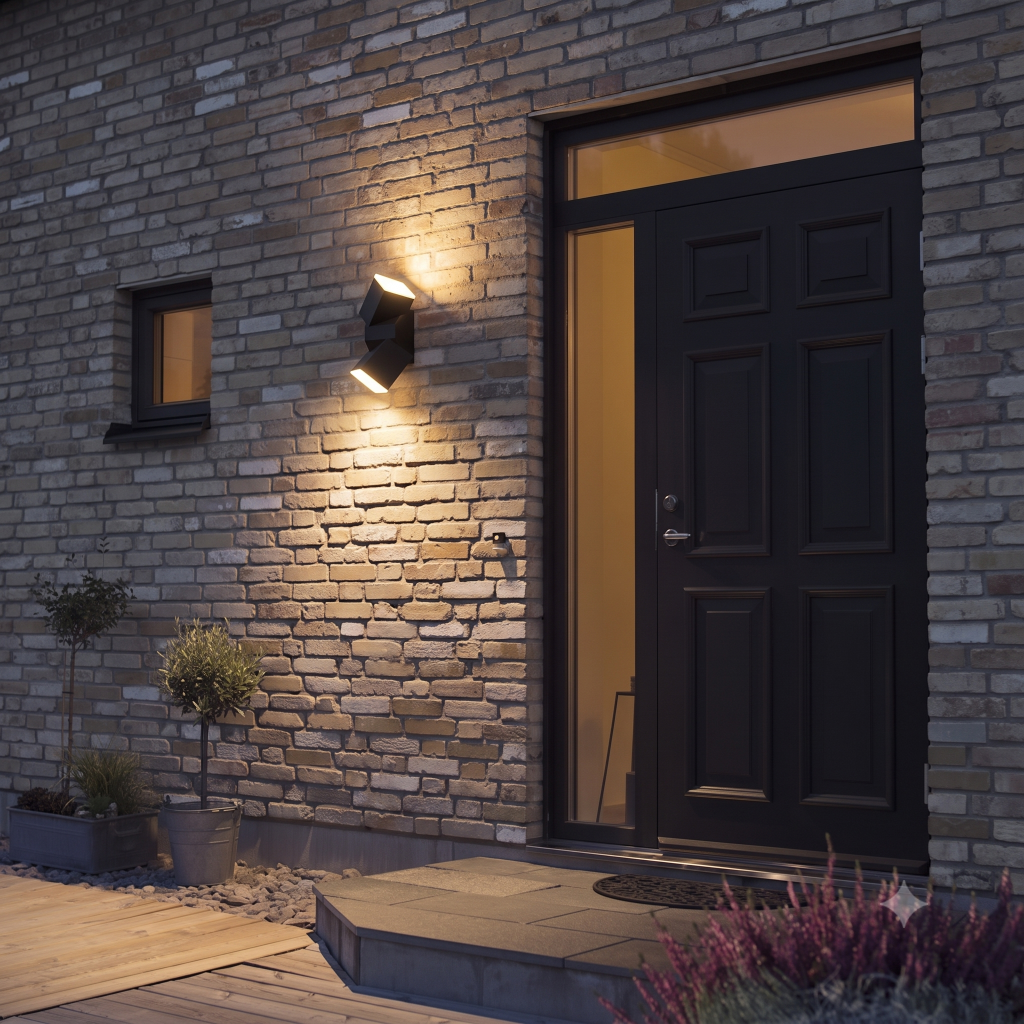 wandlamp michael brandend naast een voordeur van een entree