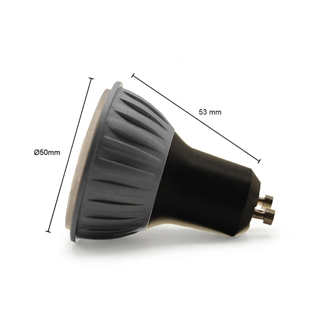 Zijaanzicht van een zwarte en grijze 5W LED-spot met een GU10-fitting, variabele zoomfunctie en maatlijnen die een breedte van 50 mm en een hoogte van 53 mm aangeven, op een witte achtergrond met een zachte schaduw.