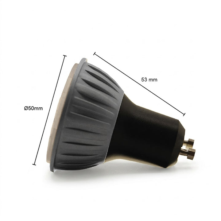 Zijaanzicht van een zwarte en grijze 5W LED-spot met een GU10-fitting, variabele zoomfunctie en maatlijnen die een breedte van 50 mm en een hoogte van 53 mm aangeven, op een witte achtergrond met een zachte schaduw.