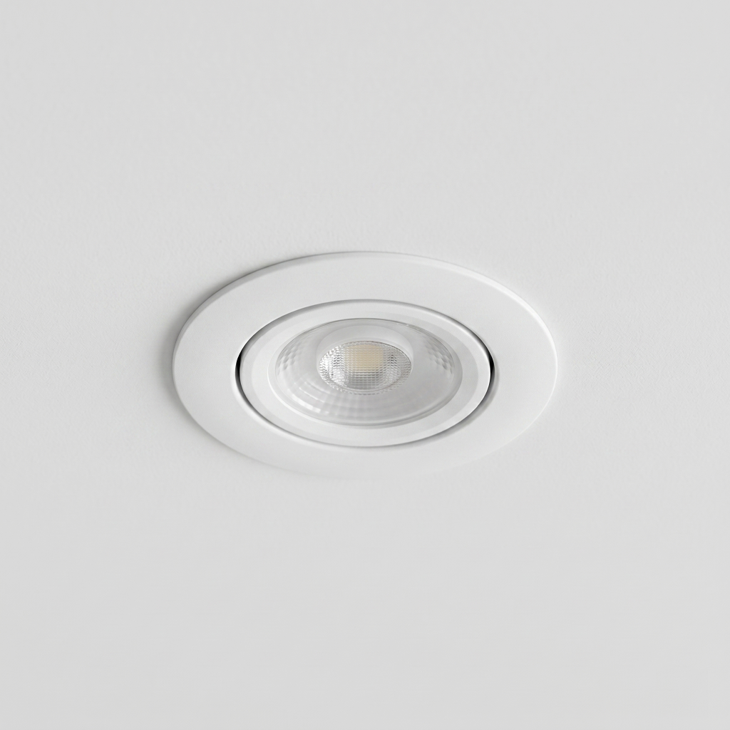 De witte witte kantelbare inbouwspot Miran geplaats in een wit systeem plafond