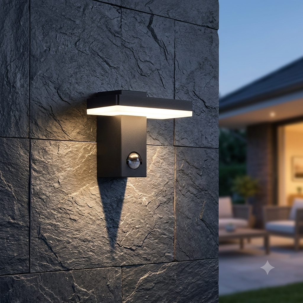 Zwarte buitenlamp Roberto met pir en dag en nacht sensor voor volledige automatische werking afgebeeld op een leistenen muur