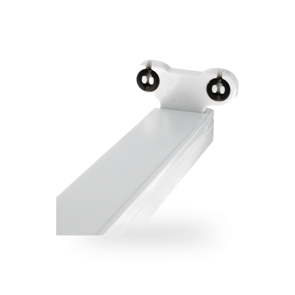 Langwerpig IP22 armatuur met ruimte voor twee T8 TL-buizen van 150 cm, gepresenteerd van voren op een witte achtergrond met een subtiel schaduweffect