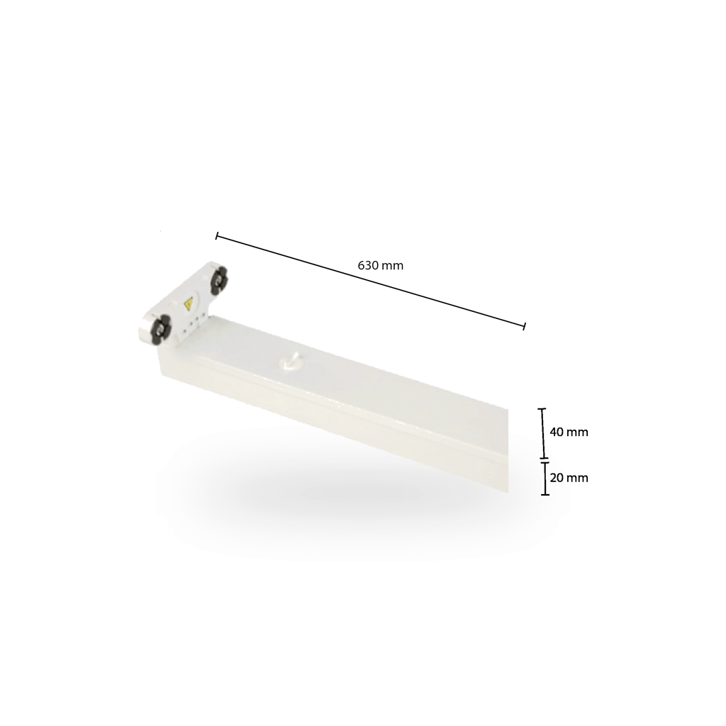 Armatuur 2x60cm  LED TL buis voorzien van afmetingen  op een witte achtergrond
