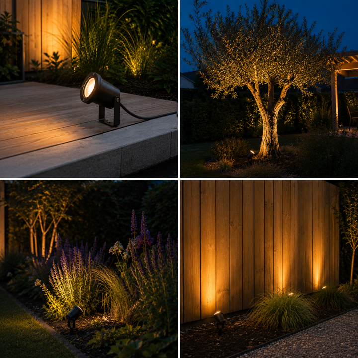 compilatiefoto met de toepassingen van een tuinprikspot zoals het uitlichten van een boom, het aanlichten van een schutting en een montage voorbeeld van een prikspot rechtstreeks gemonteerd op een houten vlonder