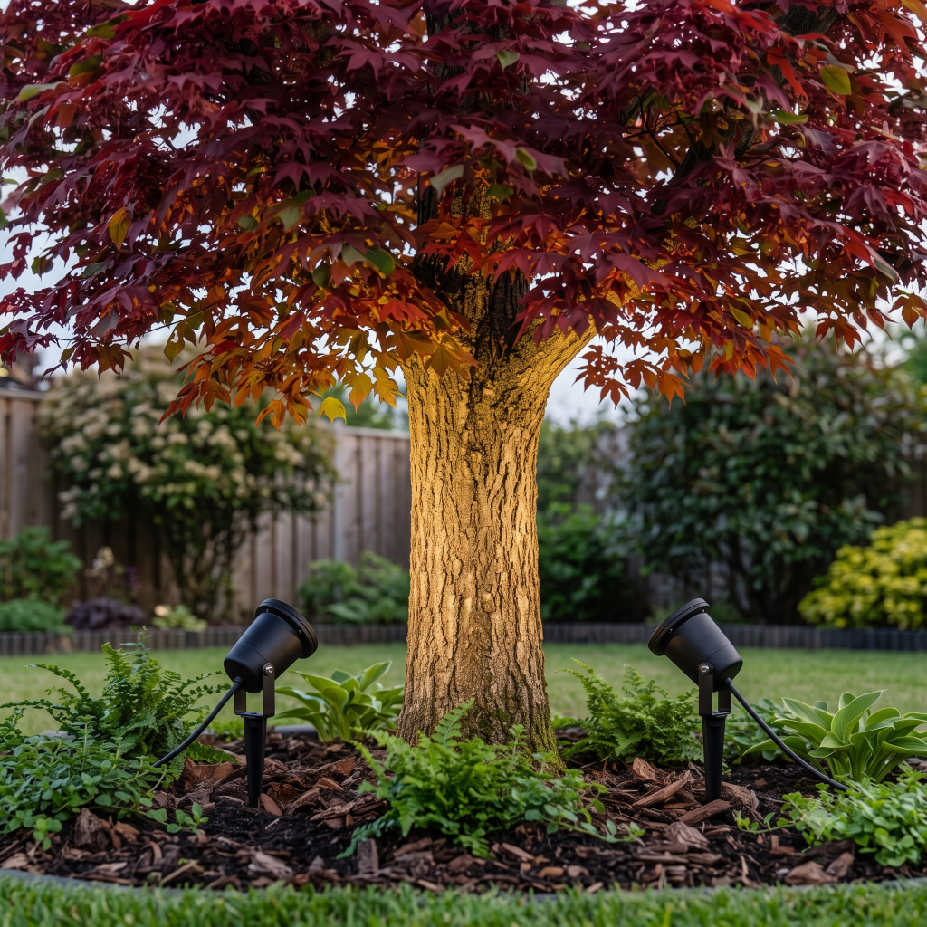 een japanse boom wordt aangelicht in een tuin door 2 tuinprikspots
