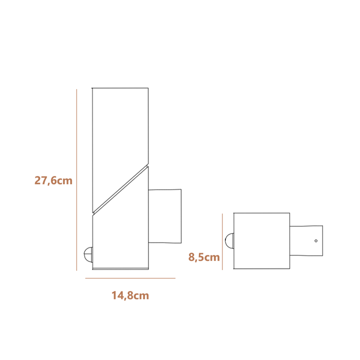 Tekening met maten in cm van de wandlamp Jasper met sensor en E27 fitting op een zuiver witte achtergrond