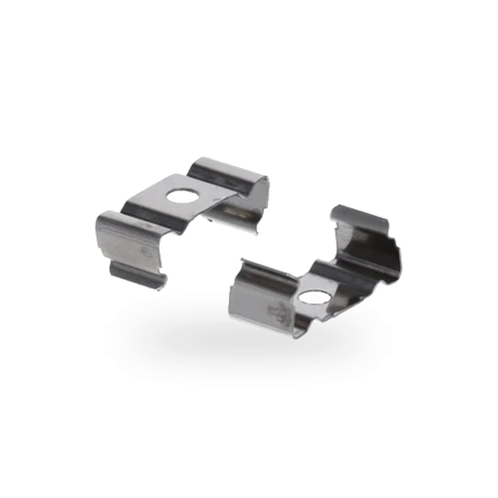 Twee clips voor T5 koppelbare verlichting, zonder schroeven, getoond als een set van twee stuks centraal op een egale witte ondergrond met een subtiel schaduweffect, vullend 62% van het kader.