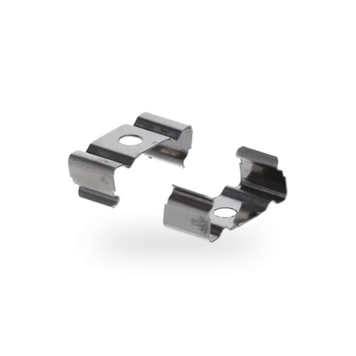 Twee clips voor T5 koppelbare verlichting, zonder schroeven, getoond als een set van twee stuks centraal op een egale witte ondergrond met een subtiel schaduweffect, vullend 62% van het kader.