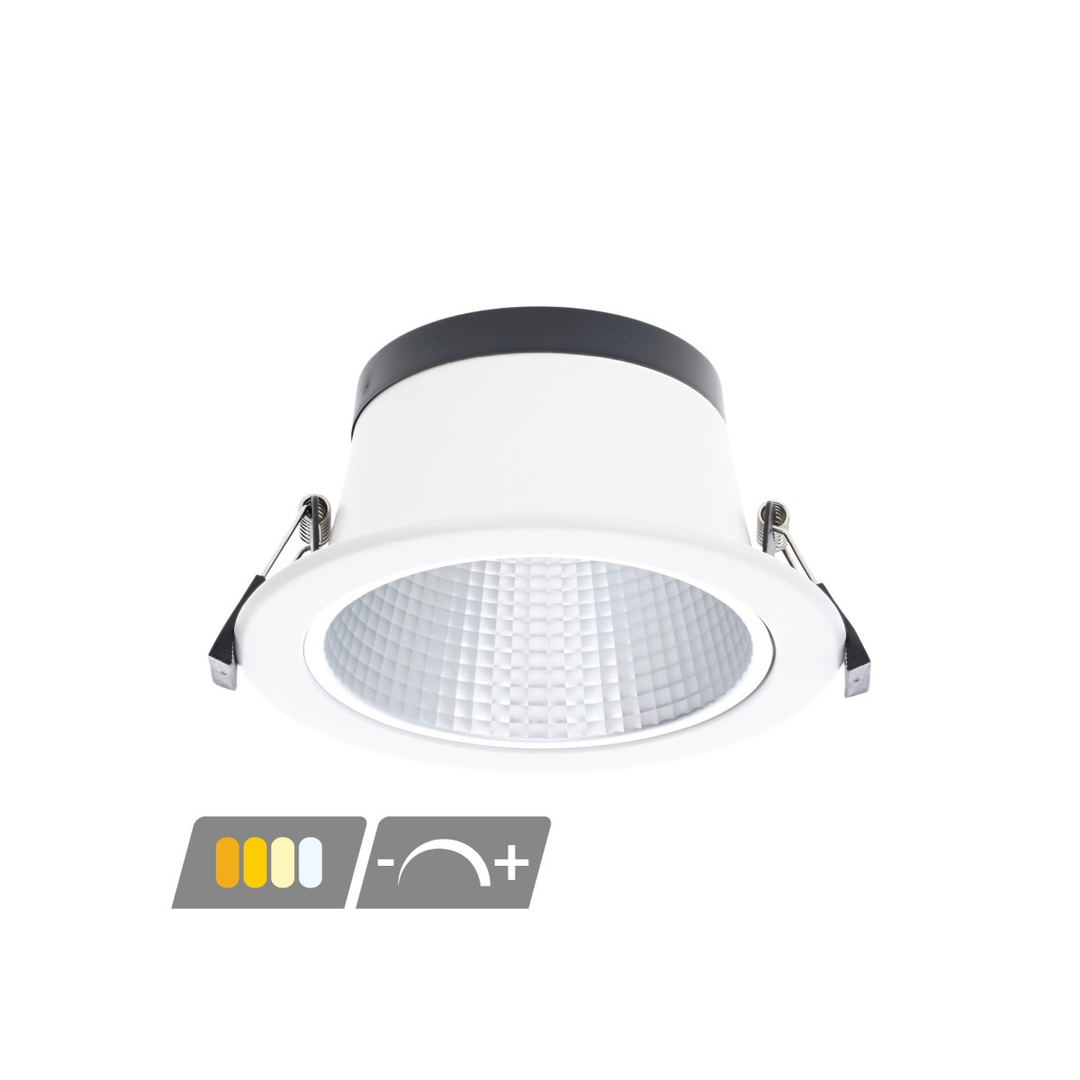 Ronde, witte inbouw LED downlight met een glanzende, zilverkleurige gefacetteerde reflector en twee metalen spanveren voorzien van zwarte beschermkappen. Linksonder staan grijze pictogrammen die de vier instelbare lichtkleuren en de dimbaarheid van het armatuur 