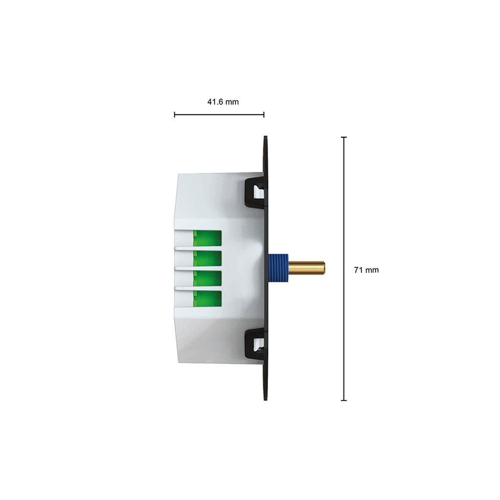 Technische maattekening van de 500W LED inbouwdimmer (artikelnummer 802585). Toont de exacte afmetingen van de elektronische module in millimeters, waaronder de breedte van 71 mm en de totale inbouwdiepte van 41.6 mm. Vlijmscherpe zwarte lijnen en letters op een spierwitte achtergrond.