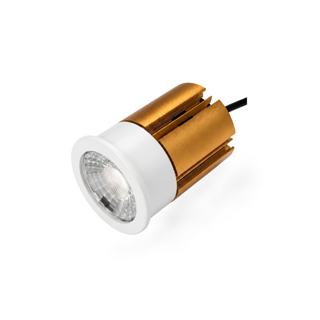 Een witte ring gemonteerd op een Hera ledspot module afgebeeld op een zuier witte achtergrond