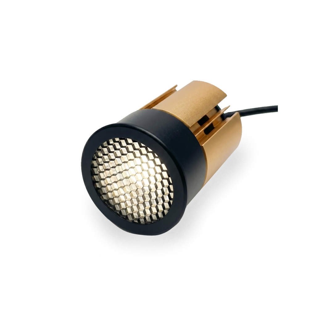 Honingraad filter voor anti verblinding voor de Hera MR16 lichtmodule afgebeeld met een brandende led op een uier witte achtergrond