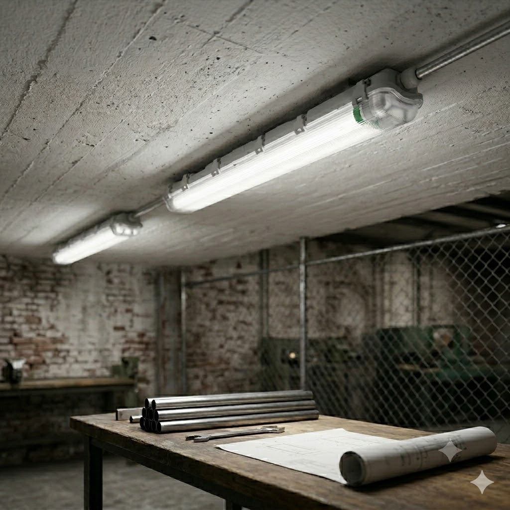 Sfeervolle foto van een industriële werkplaats met een houten werkbank op de voorgrond. Op de werkbank liggen metalen buizen, een steeksleutel en een uitgerolde technische tekening. De ruimte wordt verlicht door twee heldere LED TL-armaturen aan een betonnen plafond. Op de achtergrond zijn een bakstenen muur en een hekwerk zichtbaar.