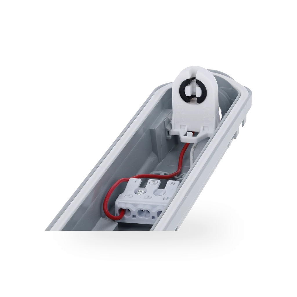 Detail van de aansluitklemmen voor de motage van de voeding duidelijk is ook de rubberen pakking welke onderdeel is van IP65 afdichting