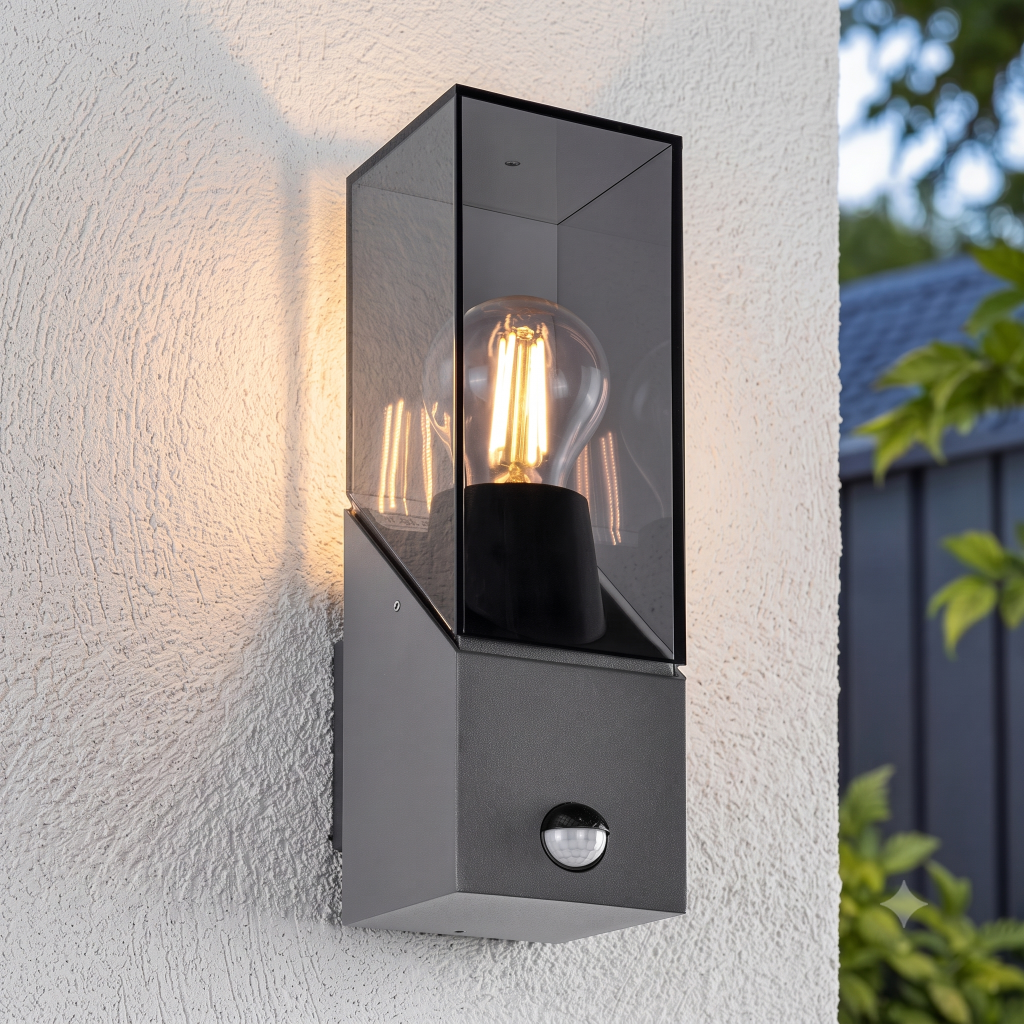 Modern vormgegeven Jasper wandlamp voor buiten, uitgevoerd in antracietgrijs aluminium met een smoke-kleurige kap van polycarbonaat, voorzien van een ingebouwde bewegingssensor aan de voor-onderzijde.