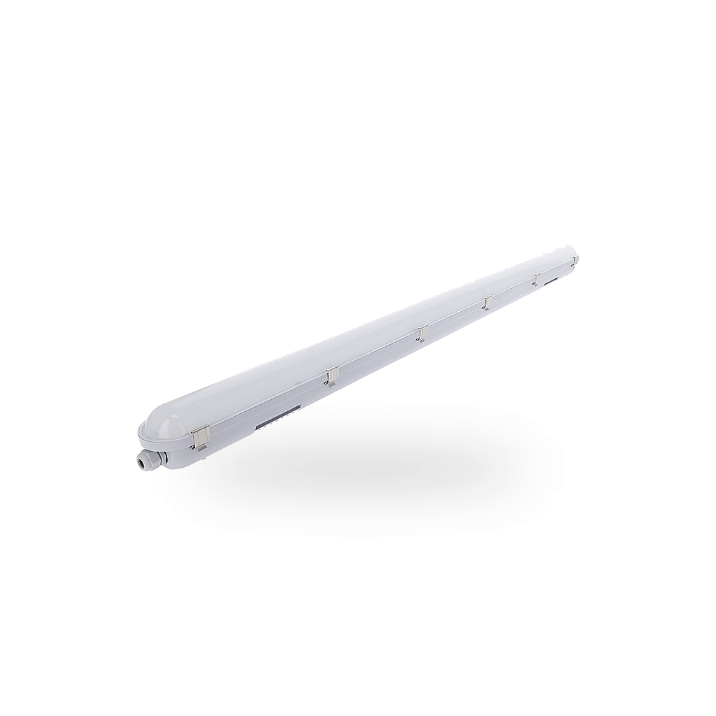 Schuin boven aanzicht van de 150cm IP65 LED-batten met power switch en CCT switch, waarop de flexibele uitsparing voor de RVS montage beugels zichtbaar zijn de RVS sluitclips en de kabelinvoer afgebeeld op zuiverwitte achtergrond