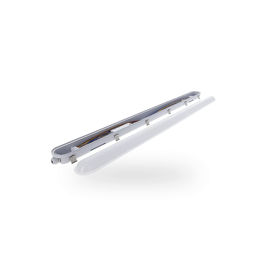 Opengemaakte 150cm ledbatten armatuur met zicht op de indeling van het armatuur met de LED-driver en aansluitklem