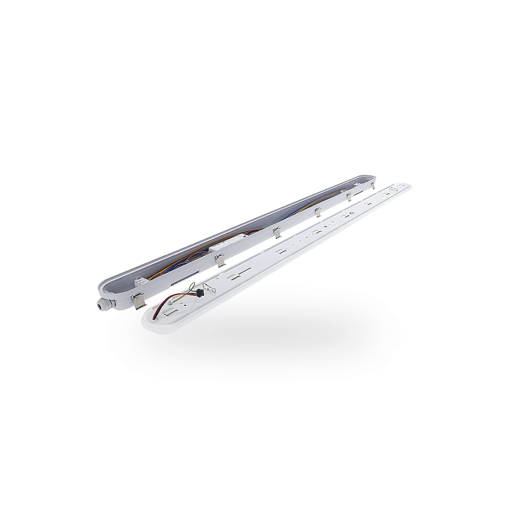 Overzicht van de opengemaakte LED batten, het toont de achterzijde  van het LED paneel met koppel connector