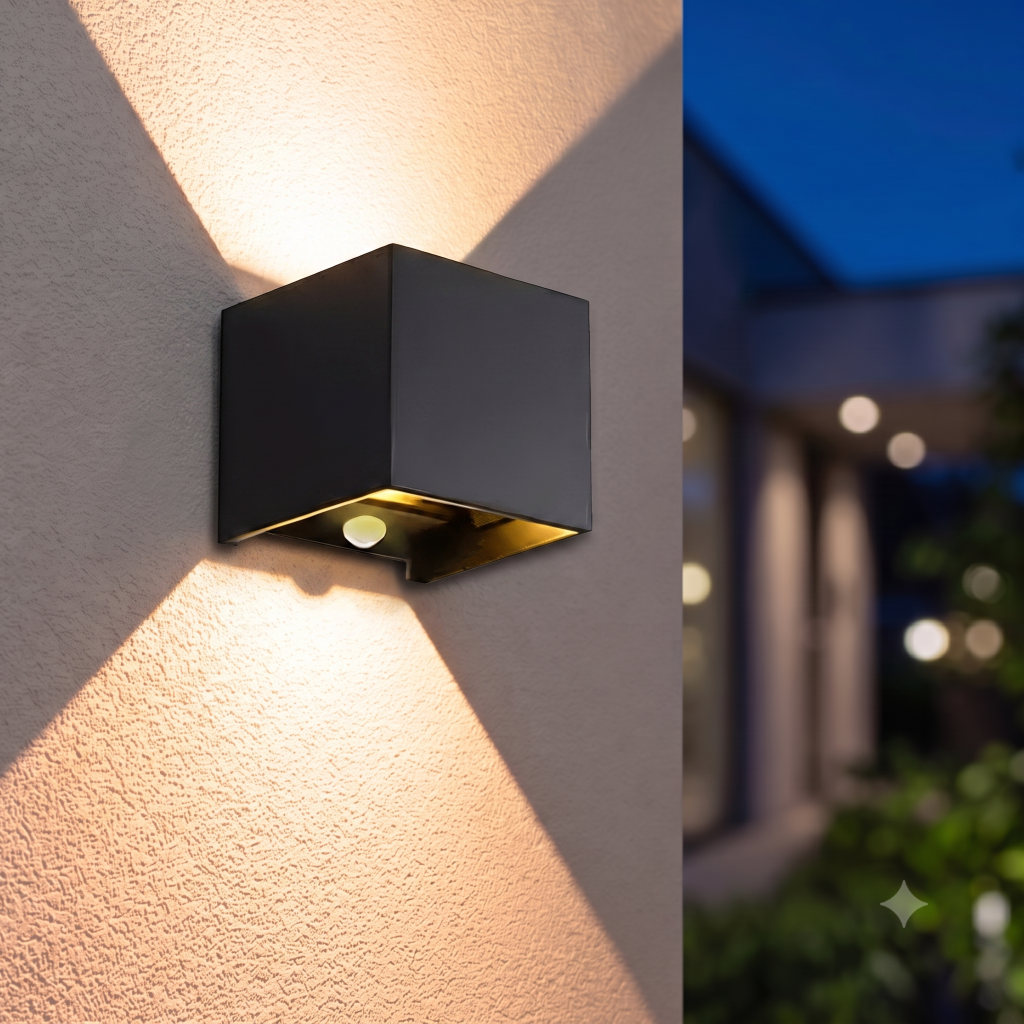 Automatische buiten wandlamp Thebe met up &amp; down light led cube brandend op  een gepleisterde buiten muur