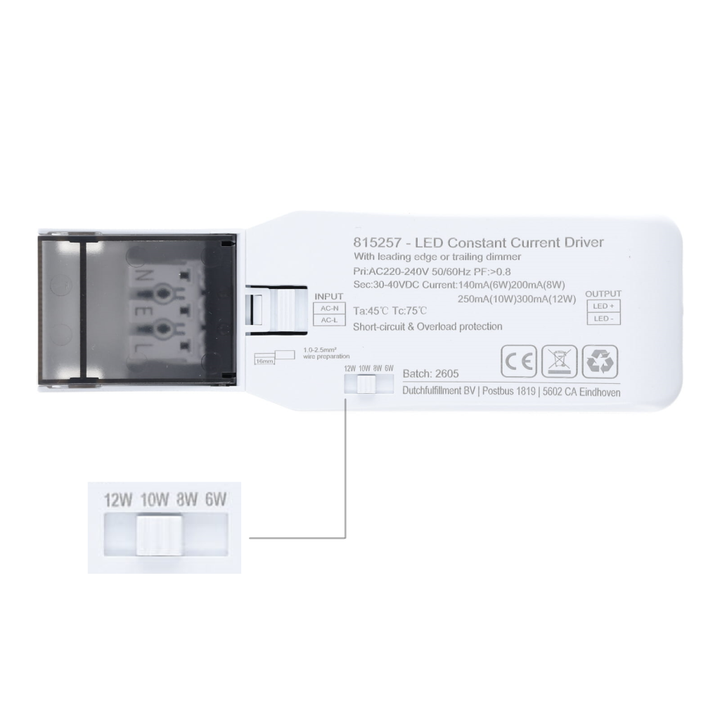 Bovenaanzicht van een rechthoekige witte LED Constant Current Driver. Op het label staan de technische specificaties, CE-markering, en een mechanische schuifknop waarmee het vermogen kan worden ingesteld op 6W, 8W, 10W of 12W.