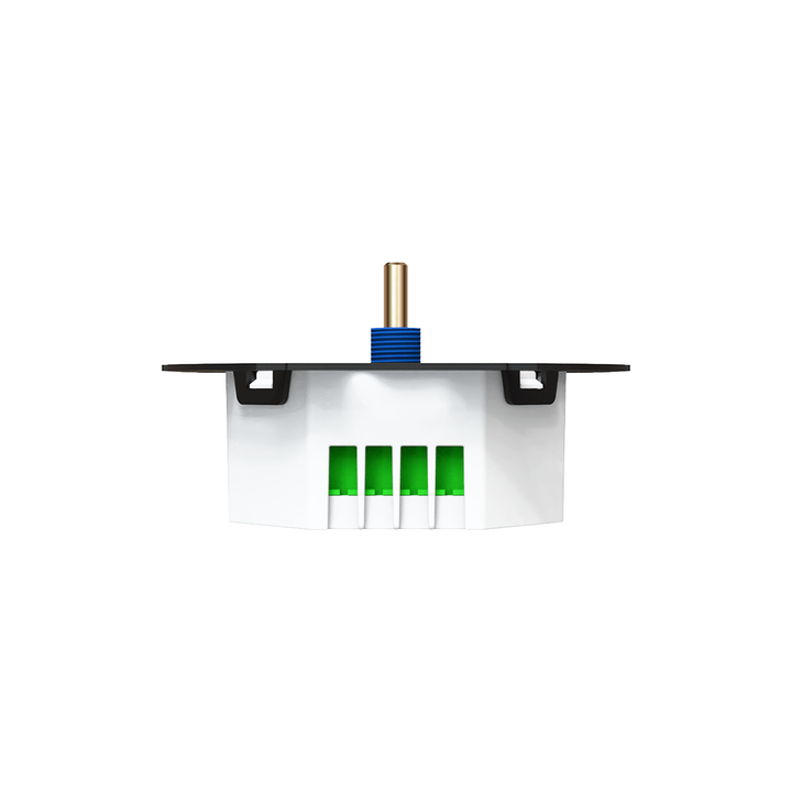 Zijaanzicht van de universele 500W LED inbouwdimmer module. Zichtbaar is de compacte behuizing met de metalen montagestang, de klemmenstrook en de centrale draai-as voor de bediening. Geschikt voor geruisloos dimmen via fase-afsnijding en fase-aansnijding (RC/RL) met 5 jaar garantie. Gecentreerd op een egale witte achtergrond.