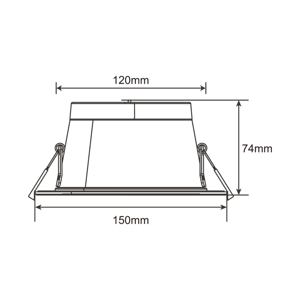 Technische lijntekening van een LED inbouwdownlight met maataanduidingen in millimeters. De buitendiameter bedraagt 150mm, the zaagmaat of inbouwdiameter is 120mm, en de totale inbouwhoogte is 74mm.