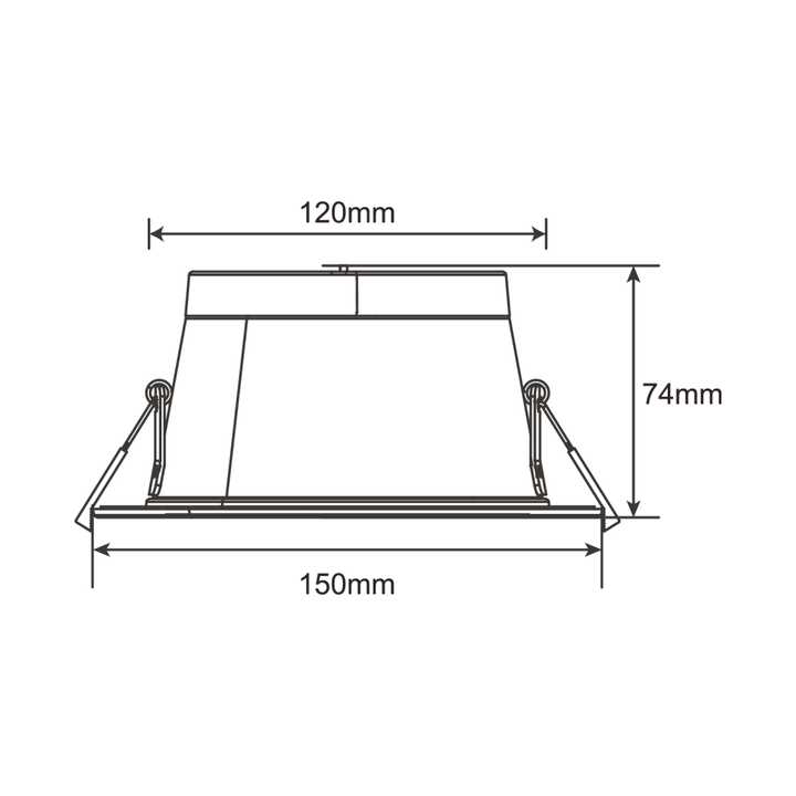 Technische lijntekening van een LED inbouwdownlight met maataanduidingen in millimeters. De buitendiameter bedraagt 150mm, the zaagmaat of inbouwdiameter is 120mm, en de totale inbouwhoogte is 74mm.