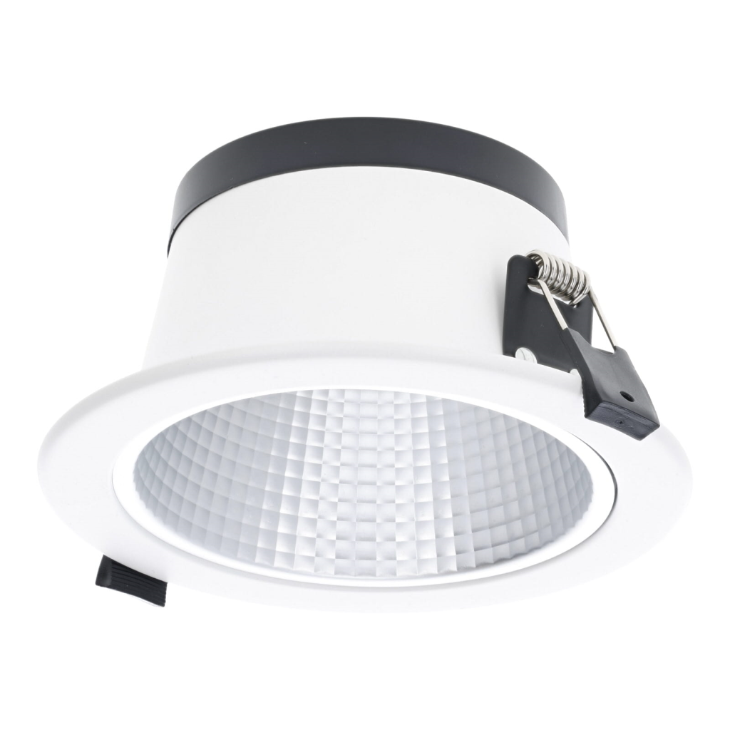 Perspectivisch zijaanzicht van een witte ronde LED inbouwdownlight. De diepliggende aluminium reflector met honingraatstructuur en de stevige stalen montageveer aan de zijkant van de witte kunststof behuizing zijn duidelijk zichtbaar.