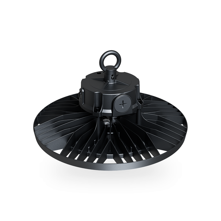 Direct bovenaanzicht van de LED highbay, toont de structuur van de koelribben aan de bovenzijde en het centrale ophangpunt.
