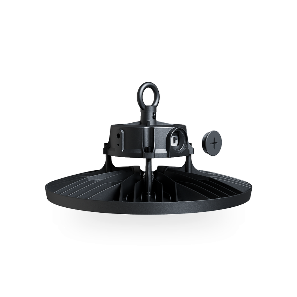 Direct bovenaanzicht van de LED highbay, toont de structuur van de koelribben aan de bovenzijde en het centrale ophangpunt.
