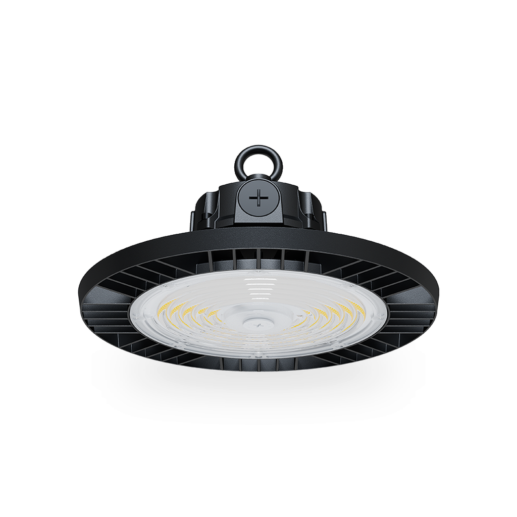 Frontaal bovenaanzicht van een ronde LED highbay met een metalen behuizing en een heldere lens, technisch gecentreerd en 70% van het frame vullend op een witte ondergrond met subtiel schaduweffect.