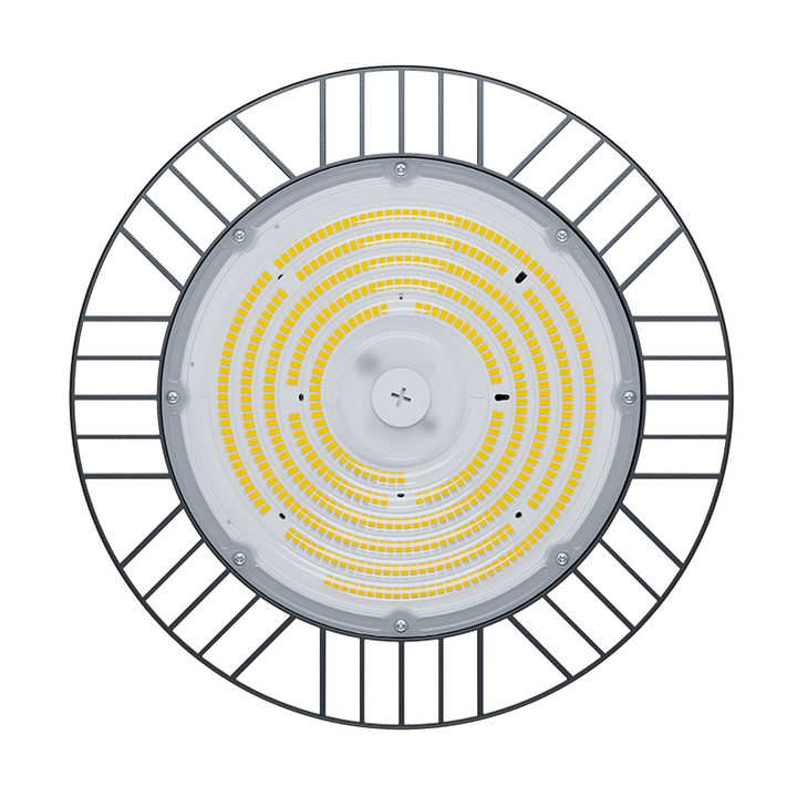 Direct onderaanzicht van de LED highbay, toont de structuur van de koelribben en de gemonteerde leds