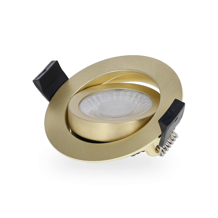 Zijaanzicht van de ronde LED inbouwspot met brass behuizing, toont de kantelfunctie