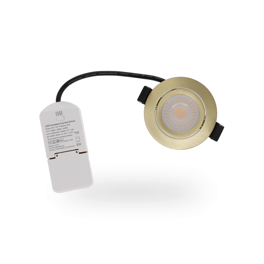 Closeup van de led-driver met zichtbaar de poweswitch 5-7W en de CCT switdh voor instelling van de kleurtemperaturen

