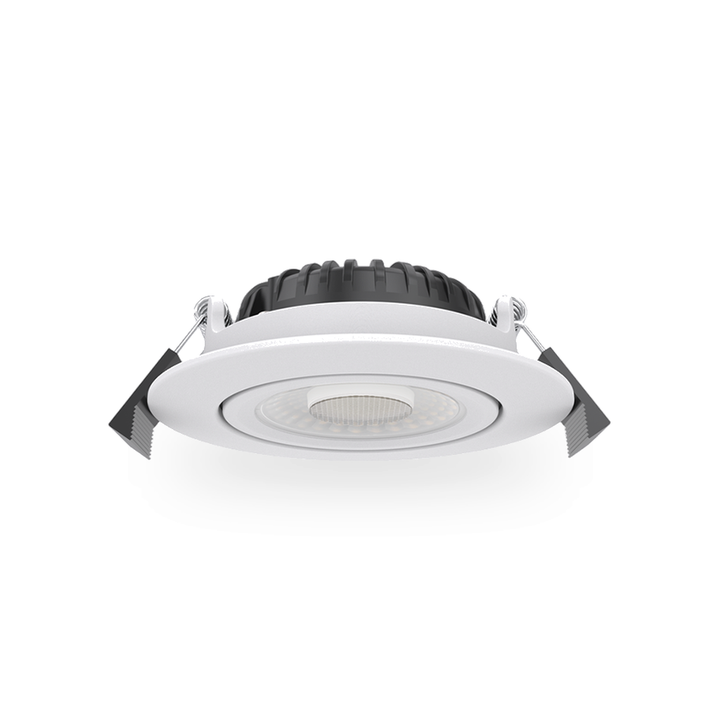 Ronde LED inbouwspot met een witte behuizing en een vlak, lichtdoorlatend oppervlak, van voren gezien, gecentreerd op een effen witte achtergrond met een subtiele schaduw.
