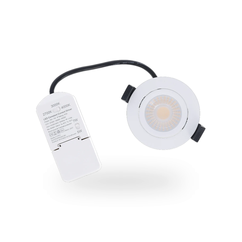 Bovenaanzicht van de inbouwspot, met een zichtbare CCT-schakelaar en powerswitch voor het handmatig instellen van de lichttemperatuur en vermogen
