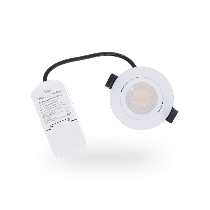 Bovenaanzicht van de inbouwspot, met een zichtbare CCT-schakelaar en powerswitch voor het handmatig instellen van de lichttemperatuur en vermogen
