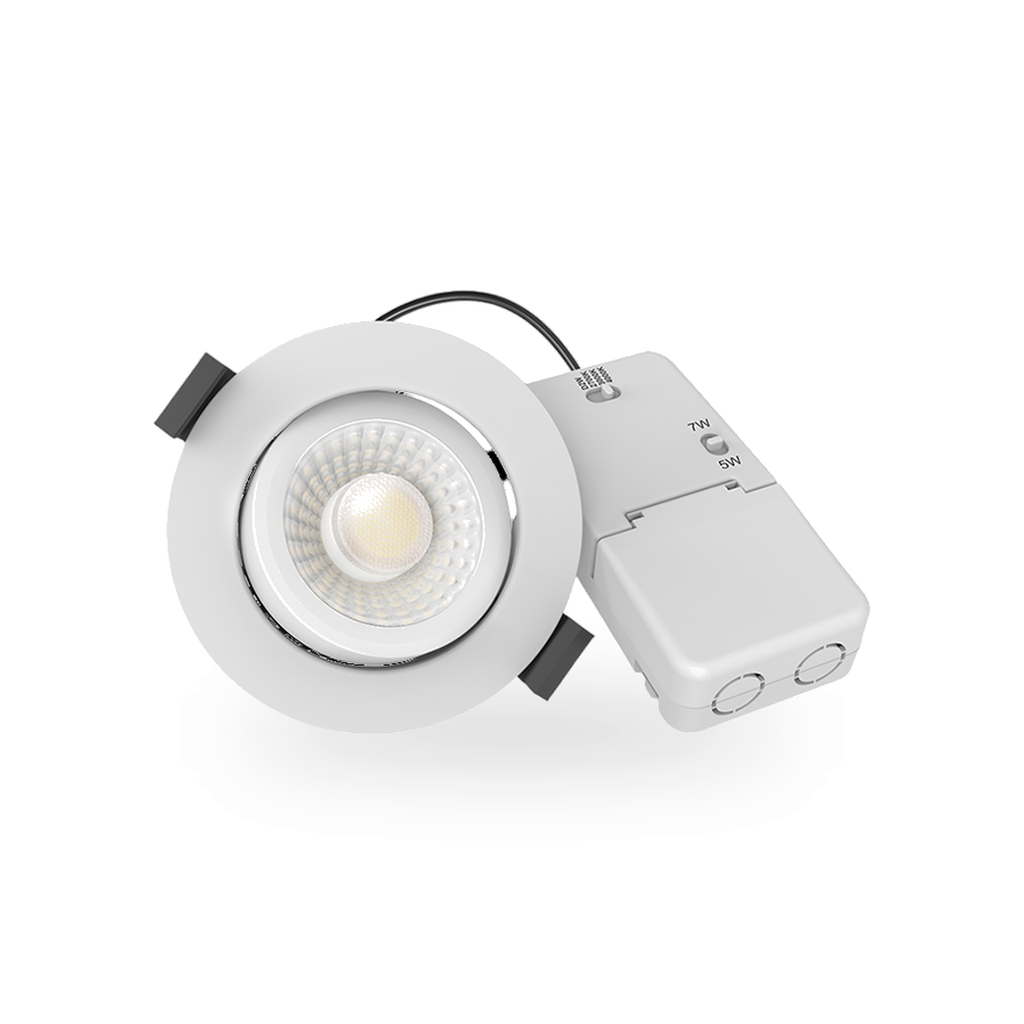 Driver van de witte kantelbare LED inbouwspot . Op de led-driver de CCT-switch voor kleurtemperatuurinstelling en powerswitch voor de wattage instelling