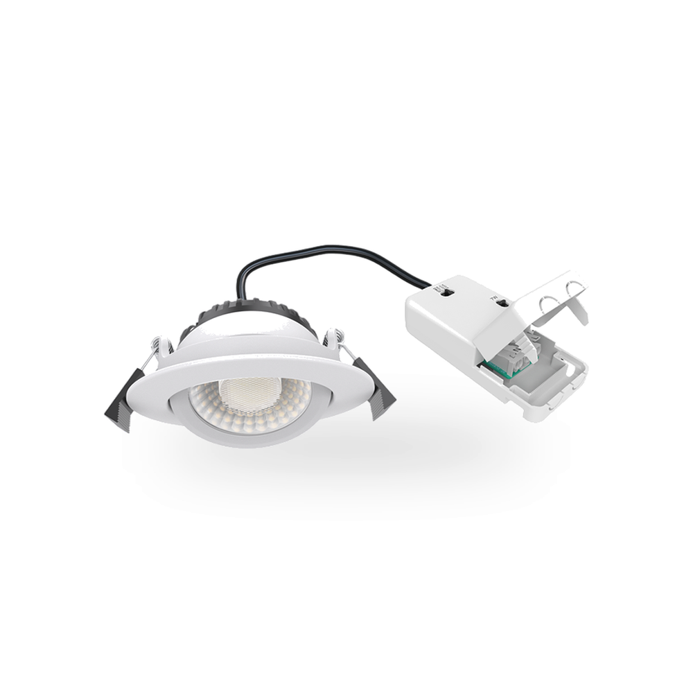 Zijaanzicht van de witte LED inbouwspot, toont de behuizing, de doorrijg klemmen op de led-driver en de bevestigingsklemmen met veren.