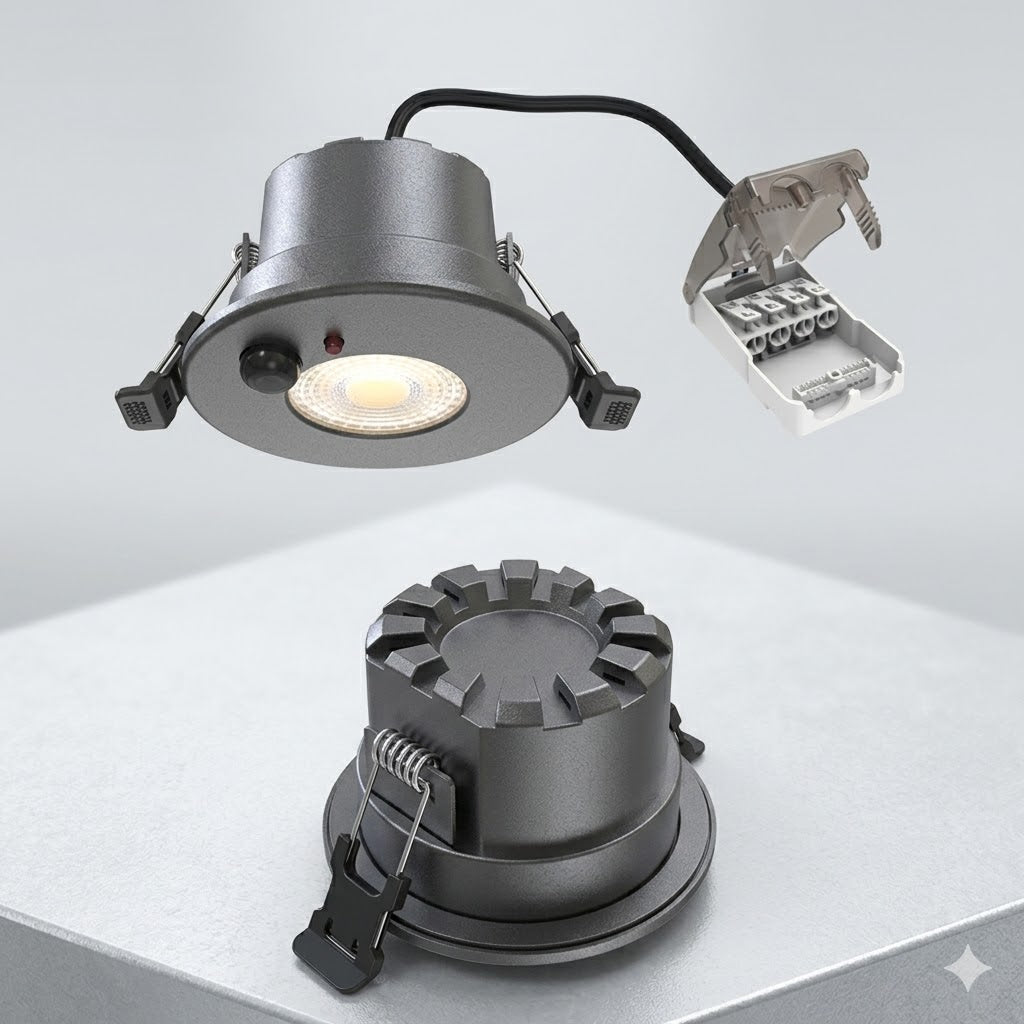 Twee aanzichten van een zwarte LED inbouwspot met bewegingssensor. De bovenste spot zweeft en toont de lichtbron, de sensor en de aangesloten klemmenstrookmet open geklapte beschermkap. De onderste spot staat op een oppervlak en toont de koelvinnen en de veerklemmen voor montage.