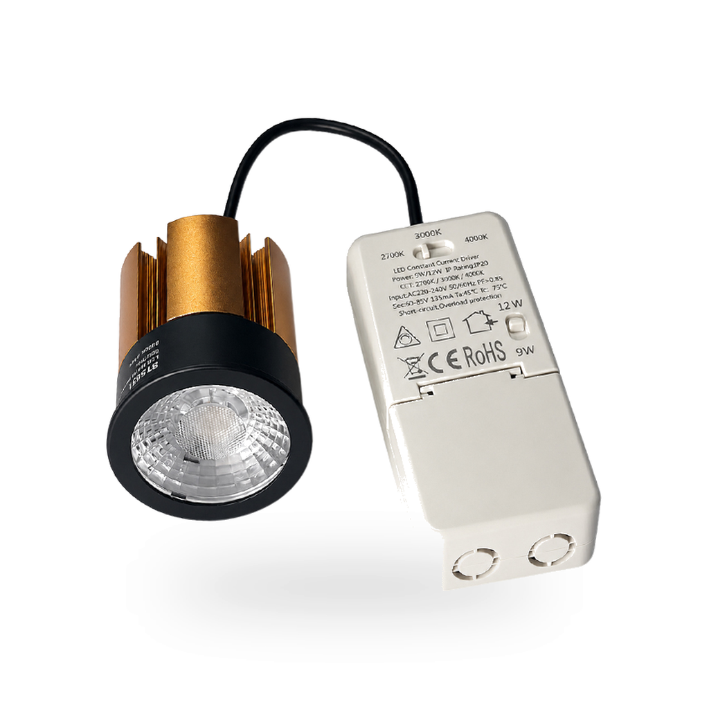 Zijaanzicht van de ronde LED module, toont de cilindrische behuizing, de diepte van de module en de twee schakelaars voor wattage en lichtkleur
