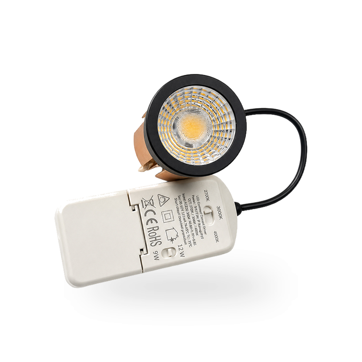Voorzijde van de MR16 lichtmodule met details van de reflector en een schakelaar voor het instellen van de kleurtemperatuur (CCT) en een schakelaar voor het selecteren van het wattage.
 r