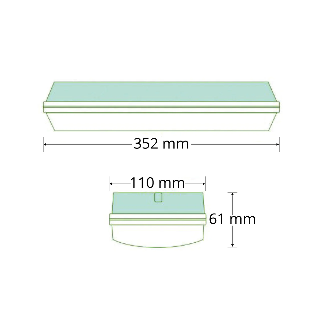 echnische lijntekening van de LED noodverlichting met maataanduidingen. De bovenzijde toont een lengte van 352 mm en een breedte van 110 mm. Het zijaanzicht toont een totale hoogte van 61 mm voor de witte behuizing inclusief de transparante kap.