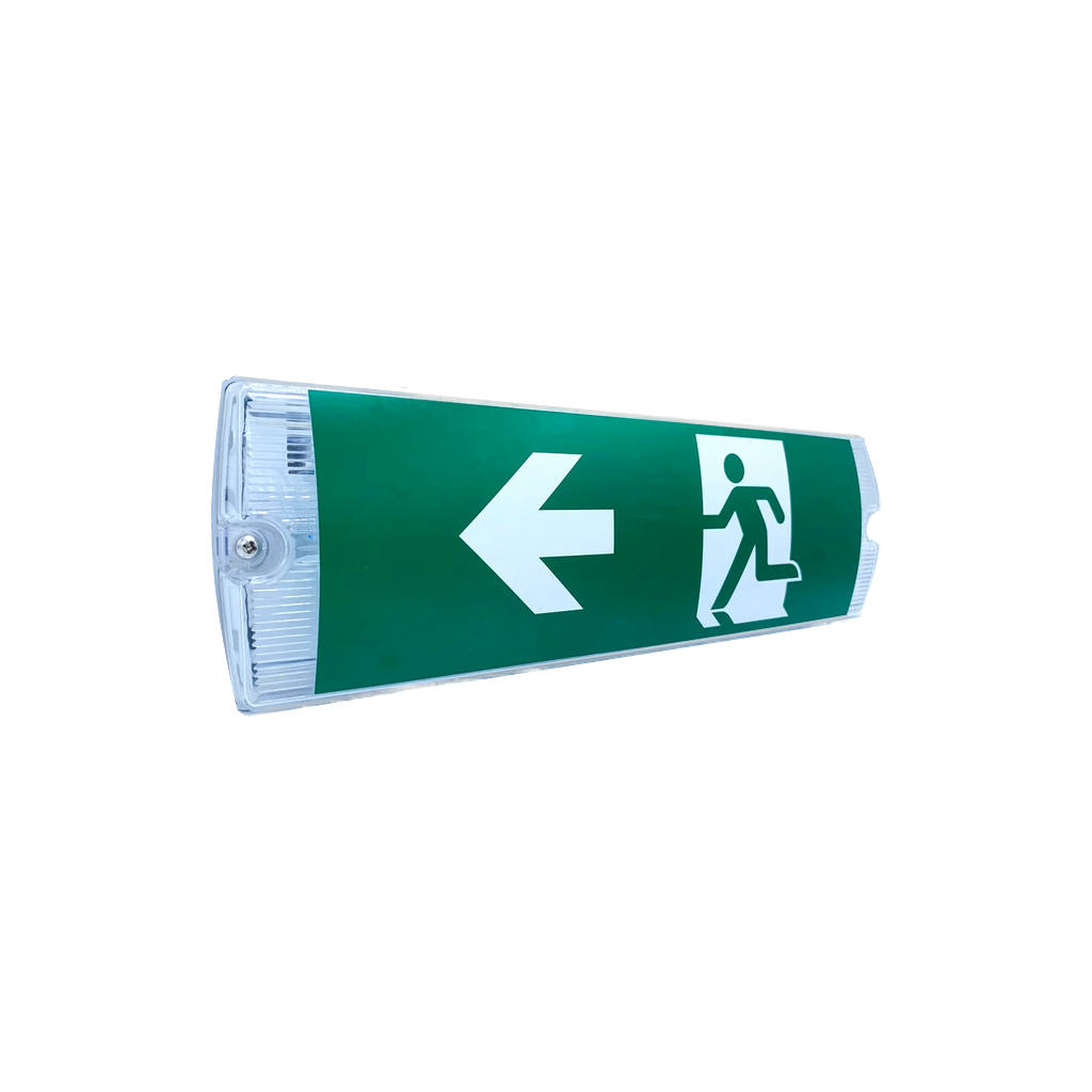 Alt-Tekst: Langwerpige LED noodverlichting 3W met een heldere, transparante kunststof kap en een groen vluchtweg-pictogram dat een rennend figuur en een pijl naar links toont. De armatuur heeft een strakke witte basis en is ontworpen voor wand- of opbouwmontage.