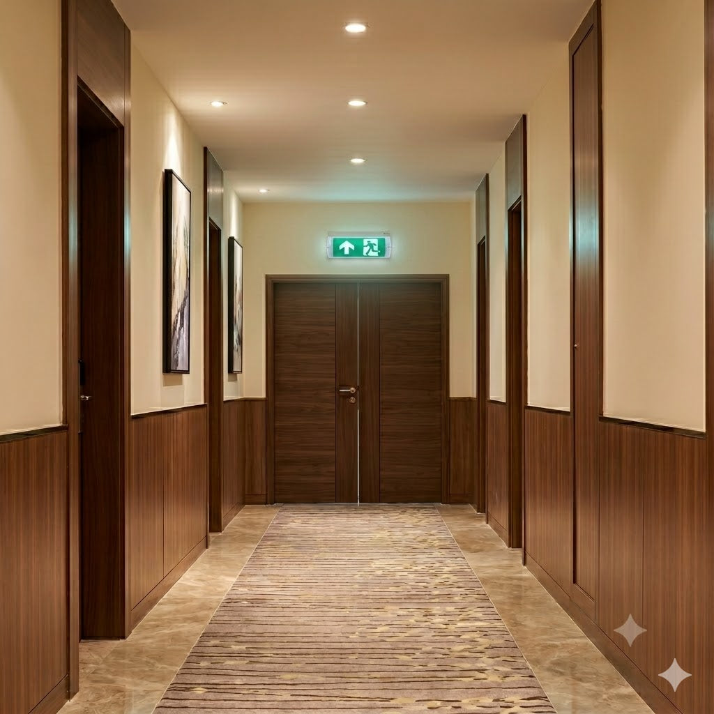 LED noodverlichting armatuur OTG 3 watt met pijl omhoog gemonteerd aan de wand boven de deur aan het einde van een gang 