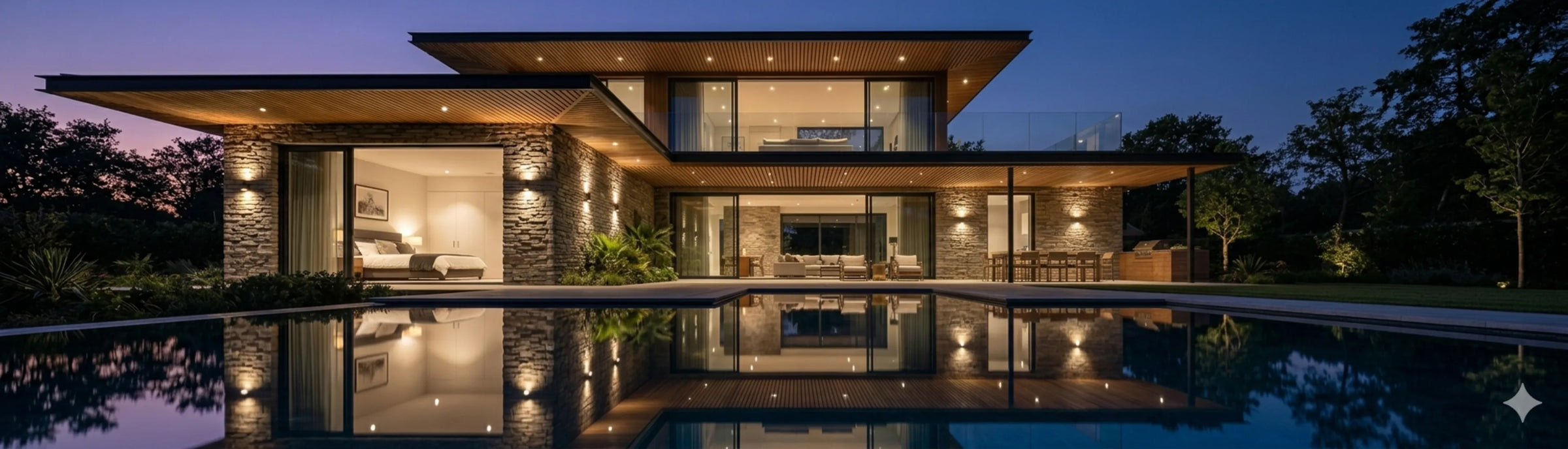 Modern architectonisch pand in de avondschemering met warme premium LED-projectverlichting, wandlampen en spots met negatieve ruimte voor tekst, Ledverlichtingsite.