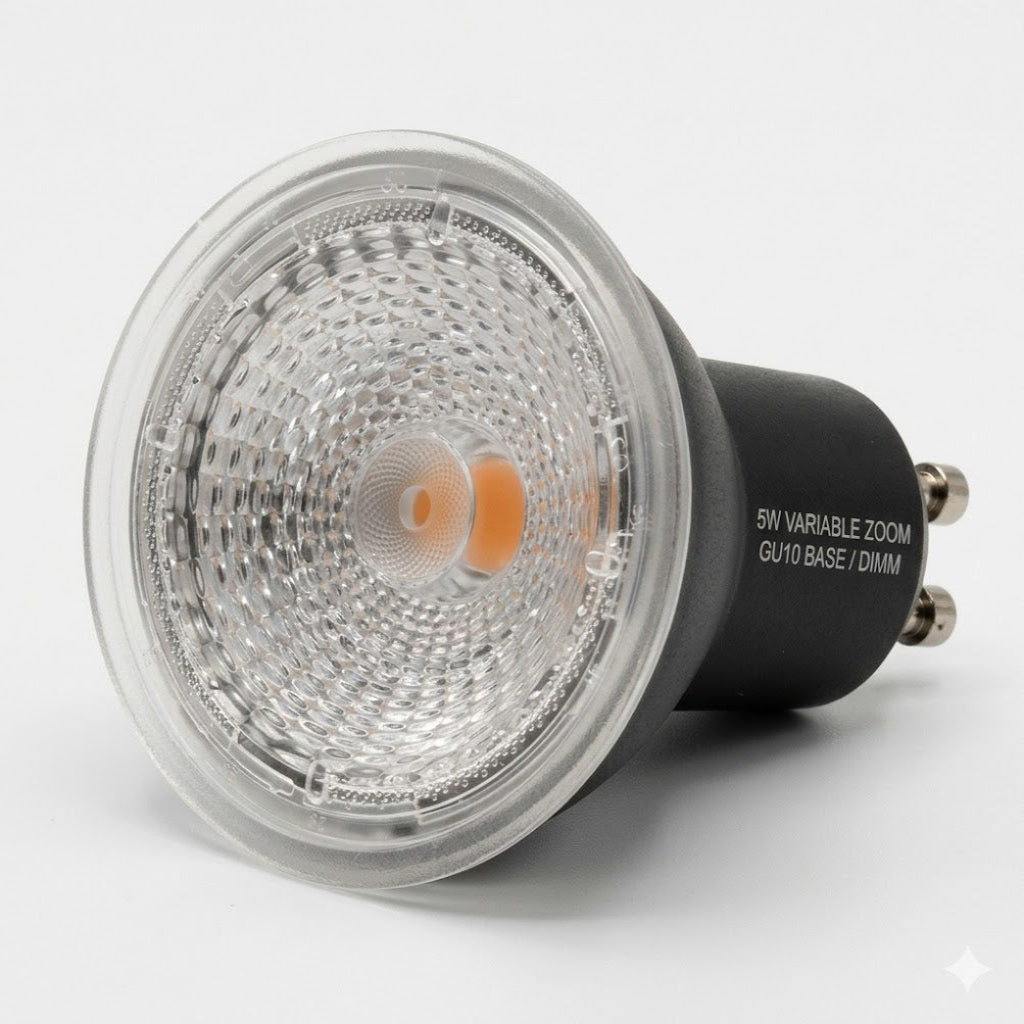 LED-spot met GU10 fitting, 5W vermogen en instelbare zoom met hoge CRI op een witte achtergrond
