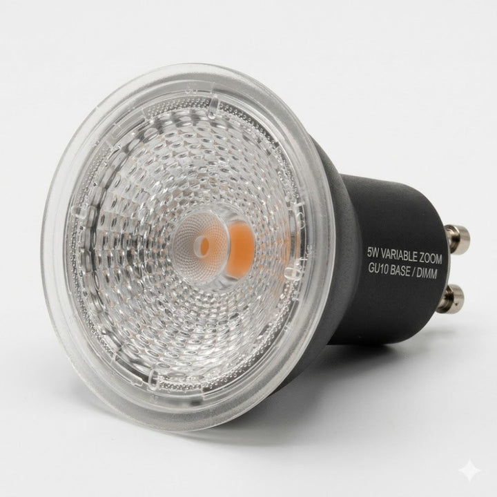 LED-spot met GU10 fitting, 5W vermogen en instelbare zoom met hoge CRI op een witte achtergrond