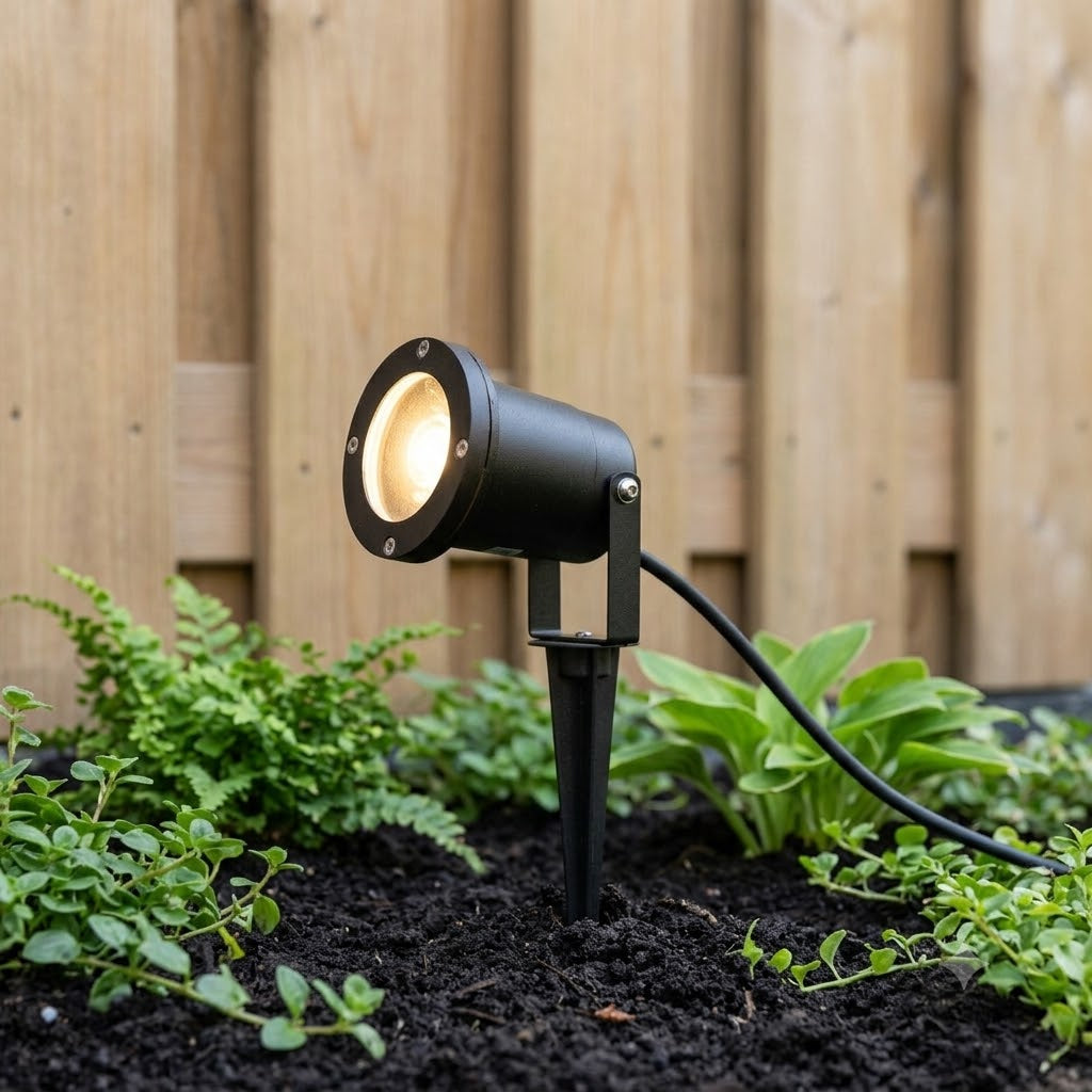 Zwarte LED tuinprikspot met GU10-fitting, warm wit licht ingeschakeld, geplaatst in een border met zwarte aarde en diverse groene planten (varens, hosta) voor een houten schutting.