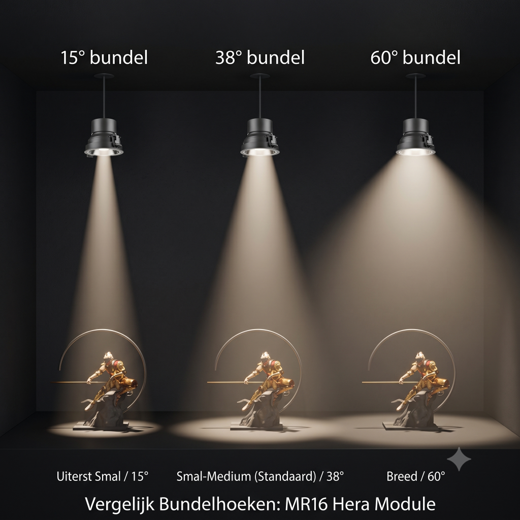 Vergelijking van de beschikbare bundelhoeken voor de Hera MR16 module. De afbeelding toont het verschil tussen een 15° lens voor accentverlichting, de standaard 38° lens en een 60° lens voor brede lichtverdeling. Geschikt voor retailverlichting, kunstverlichting, showroomverlichting en productpresentaties.